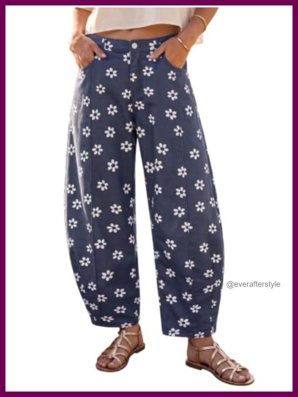 Floral Print Barrel Jeans Elastic Waist Baggy Denim Pants